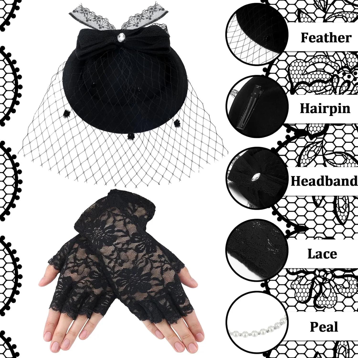 Bencailor Fascinator Hat for Women Funeral Veil Hats Set Include Mesh Lace Gloves Necklace Earring for Tea Party