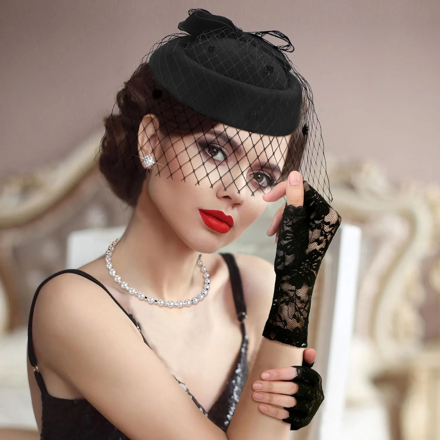 Bencailor Fascinator Hat for Women Funeral Veil Hats Set Include Mesh Lace Gloves Necklace Earring for Tea Party