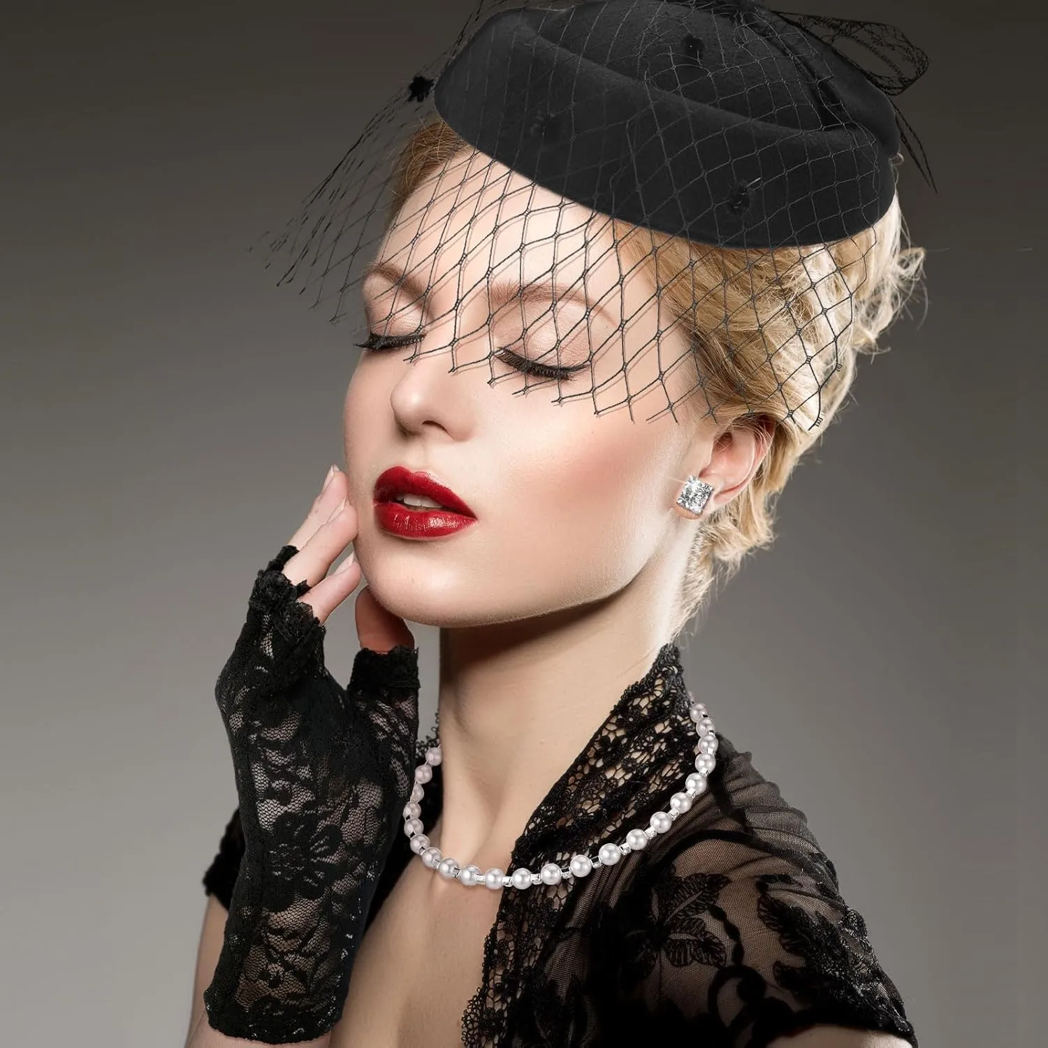 Bencailor Fascinator Hat for Women Funeral Veil Hats Set Include Mesh Lace Gloves Necklace Earring for Tea Party