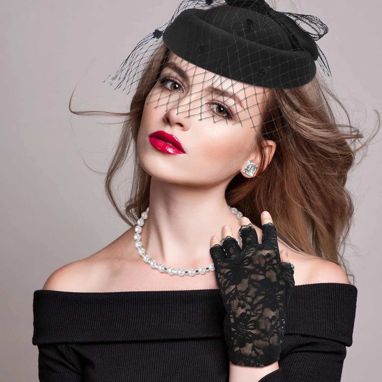 Bencailor Fascinator Hat for Women Funeral Veil Hats Set Include Mesh Lace Gloves Necklace Earring for Tea Party