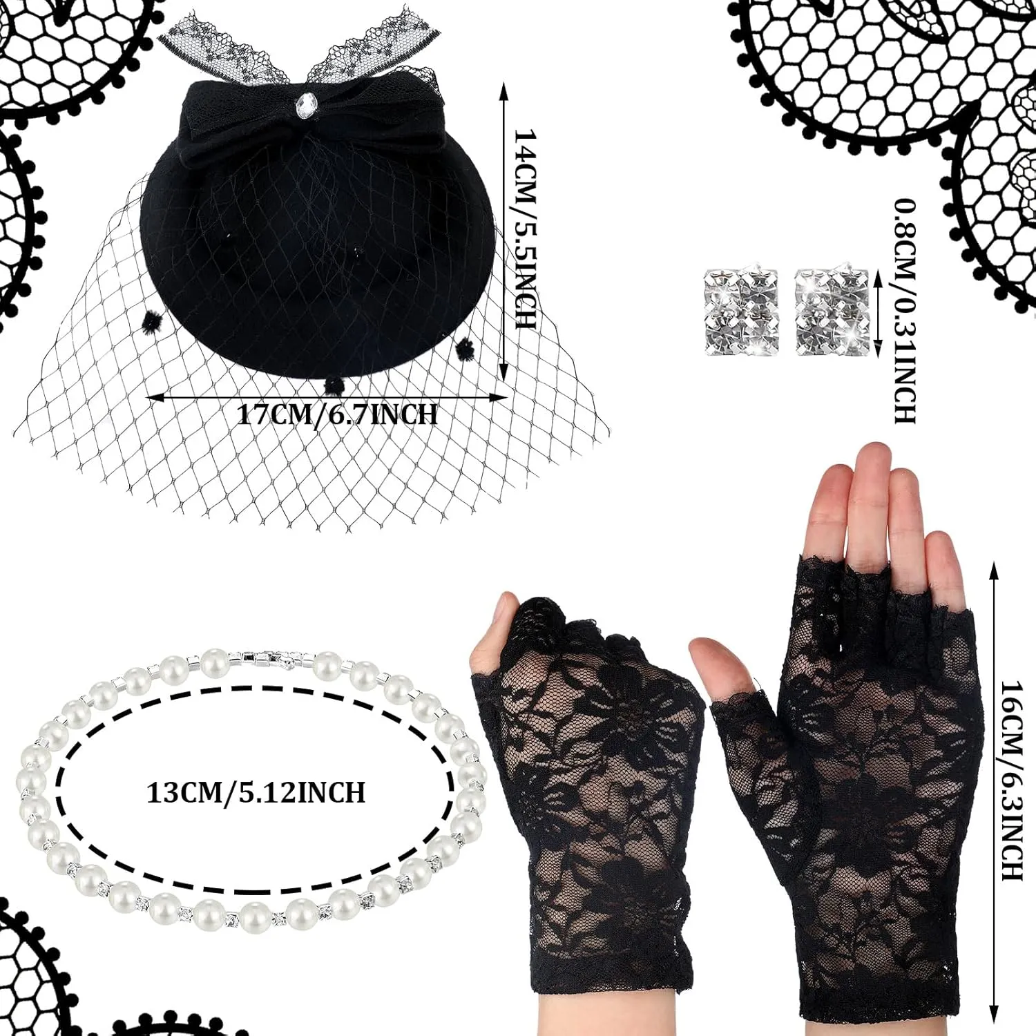 Bencailor Fascinator Hat for Women Funeral Veil Hats Set Include Mesh Lace Gloves Necklace Earring for Tea Party