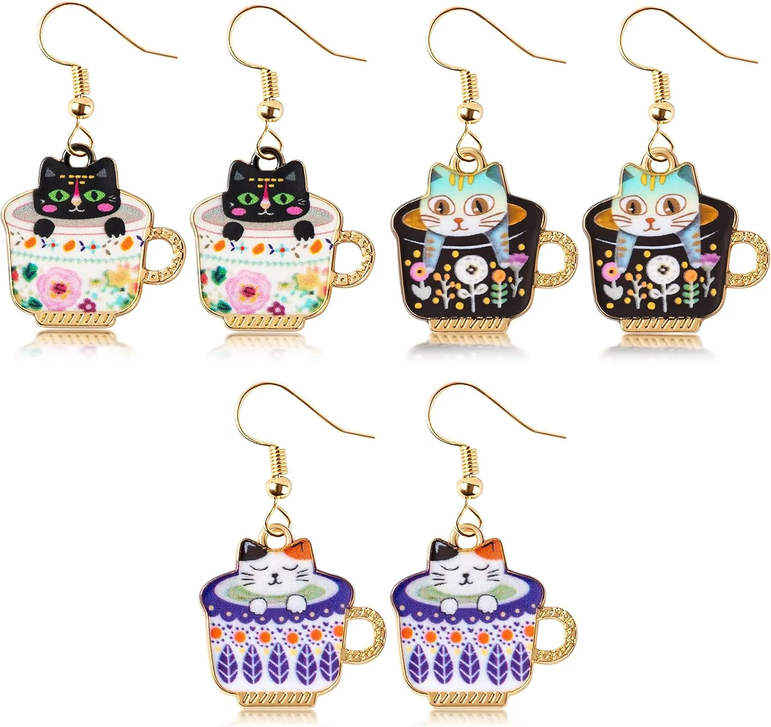 BeYumi 3Pairs Dangling Cat Earrings Kawaii Aesthetic Funny Cartoon Kitten Floral Teacup Alloy Drop Dangle Earrings With Hypoallergenic French Hook Animals Lover Gifts Party Favors for Kids Girls Women