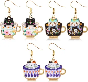 BeYumi 3Pairs Dangling Cat Earrings Kawaii Aesthetic Funny Cartoon Kitten Floral Teacup Alloy Drop Dangle Earrings With Hypoallergenic French Hook Animals Lover Gifts Party Favors for Kids Girls Women