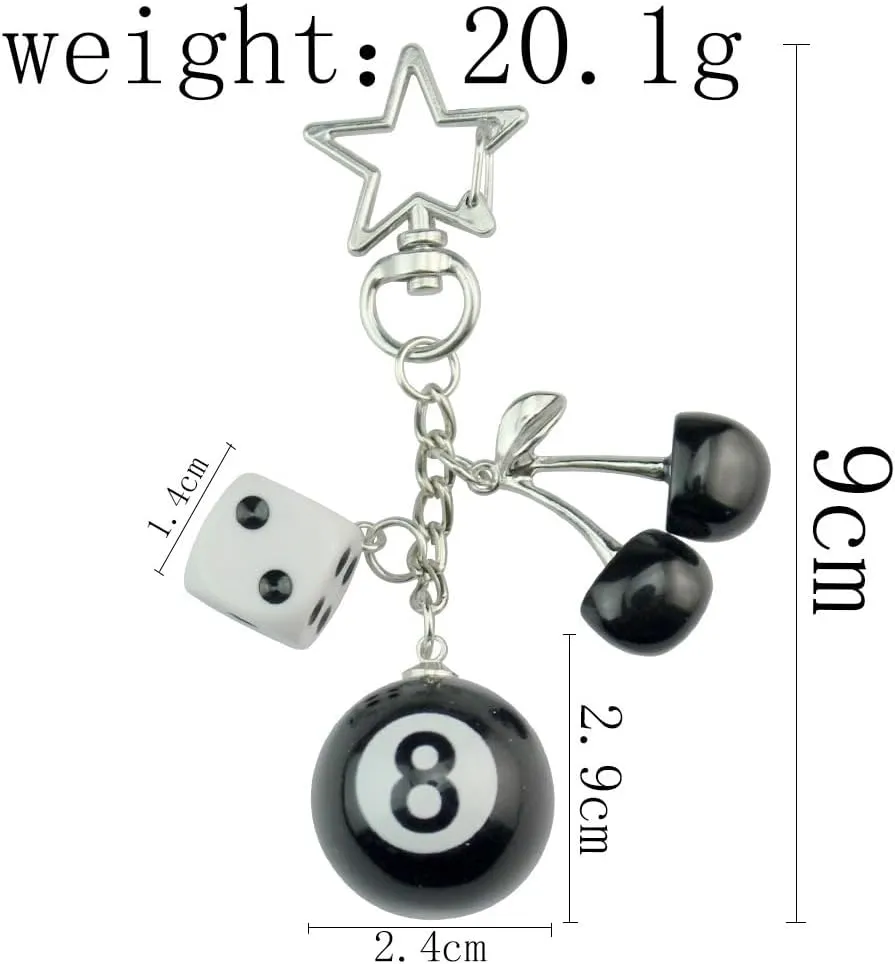 Black 8 Ball Lucky Dice Cherry Keychain Star Bags Charms Cute Y2k Aesthetic Accessory for Keys Purse Handbag Lucky Pool Balls