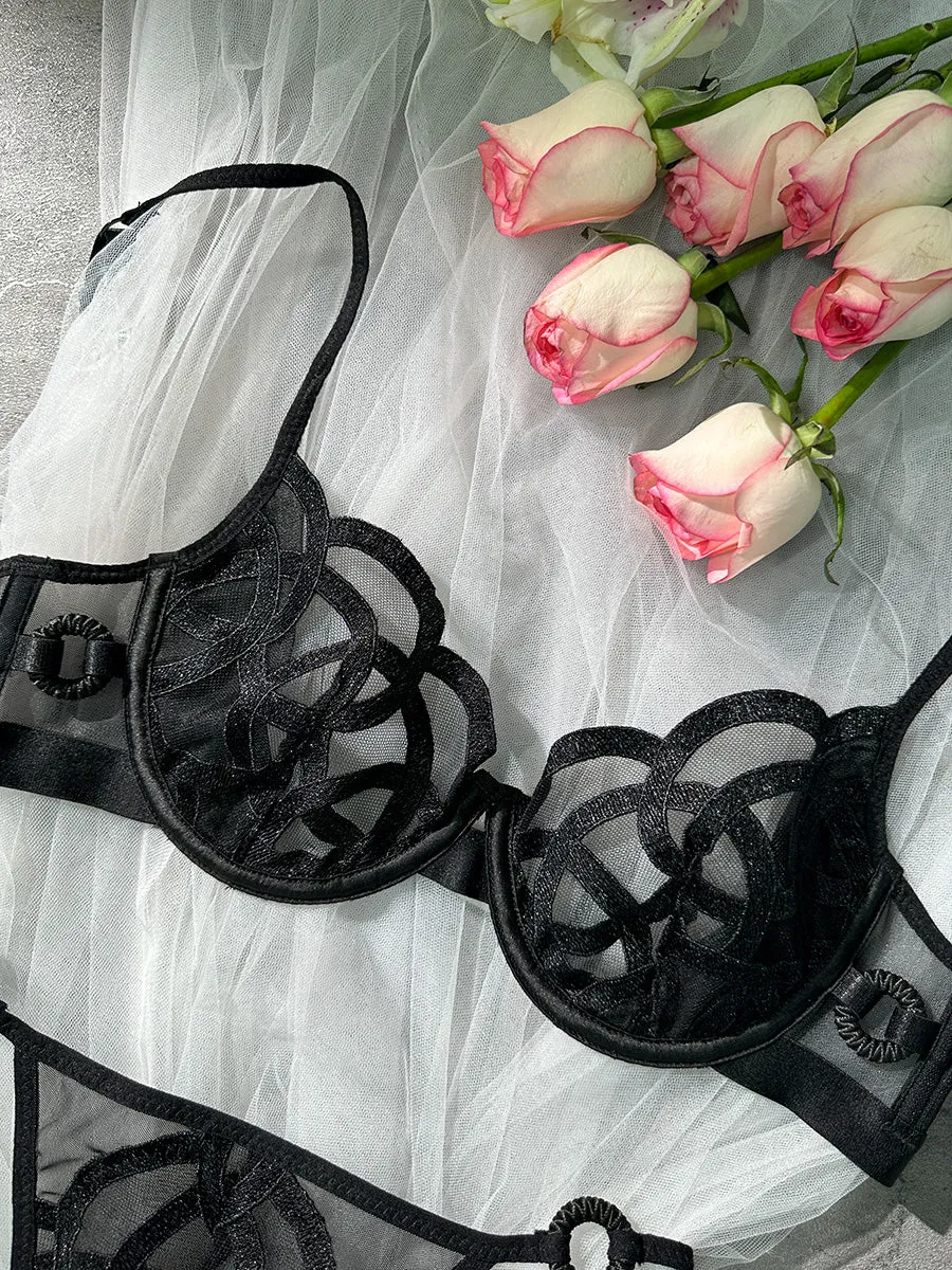 Black Push Up Mesh Lace Lingerie Set