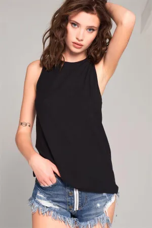 Black Sleeveless Crew Neck Cut-Out Back Detail Longline Tank Top /1-2-2-1