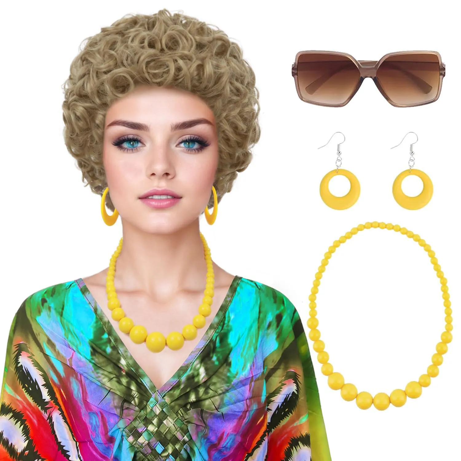 Blonde Curly Wig for Ropper Costume, Ropper Wig  Sunglasses  Jewelry  Wig Cap for Cosplay Halloween Party