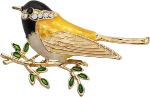 bobauna Gold Tone Enameled Sparrow Bird Branch Animal Brooch Pin For Women