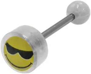 BodyJewelryOnline UV Reactive Acrylic Flat Head Beads Smiley Face Sunglasses Tongue Ring 14G Surgical Steel Straight Barbell Tongue Piercing Jewelry 5/8 Inch (15mm)