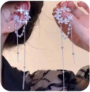 Boho Crystal Leaf Ear Cuff Earrings Silver Rhinestone Cuff Wrap Earrings Pearl Chain Dangle Earrings Long Cz Chain Clip Earrings Jewelry for Women and Girls