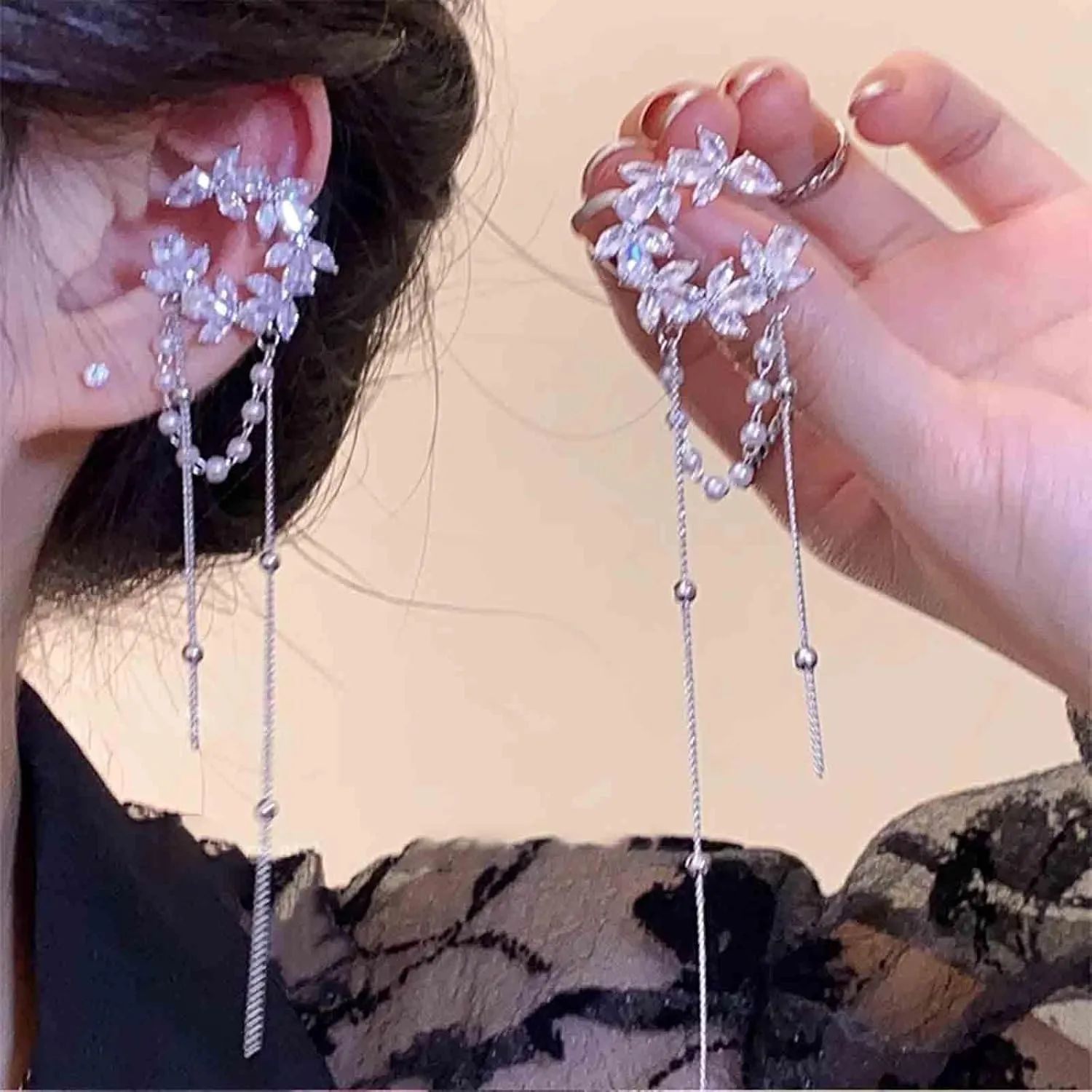 Boho Crystal Leaf Ear Cuff Earrings Silver Rhinestone Cuff Wrap Earrings Pearl Chain Dangle Earrings Long Cz Chain Clip Earrings Jewelry for Women and Girls