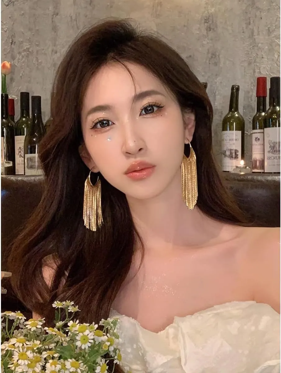 Boho Linear Tassel Drop Dangling Earrings For Women,Long Formal Country Bohemian Fringe Chain Chandelier Prom Statement Trendy Earrings For Party Prom