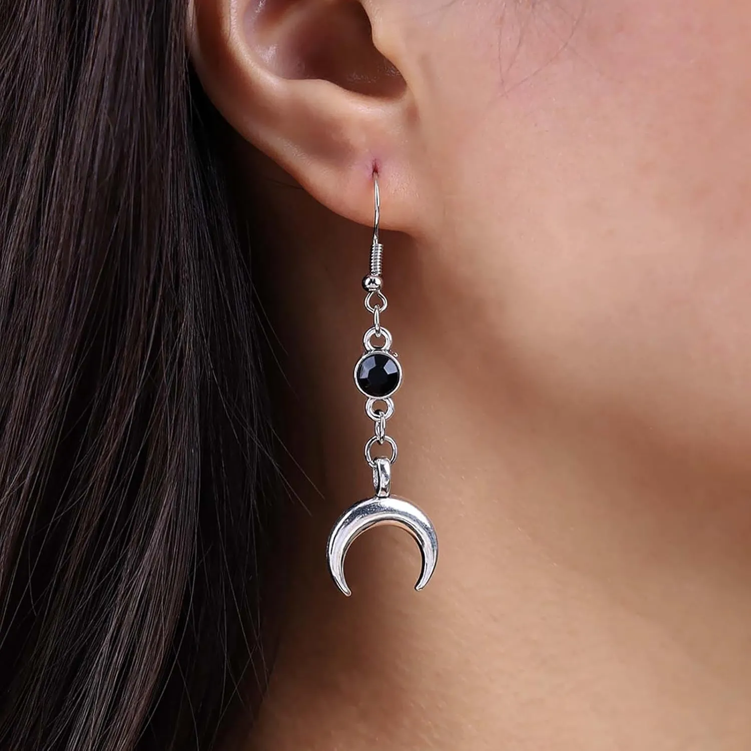 Boho Star Moon Dangle Earrings - Silver Long Pentagram Moon Earrings with Round Onyx and Five Pointed Star Designs - Wicca Themed Jewelry for Women and Girls