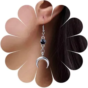 Boho Star Moon Dangle Earrings - Silver Long Pentagram Moon Earrings with Round Onyx and Five Pointed Star Designs - Wicca Themed Jewelry for Women and Girls