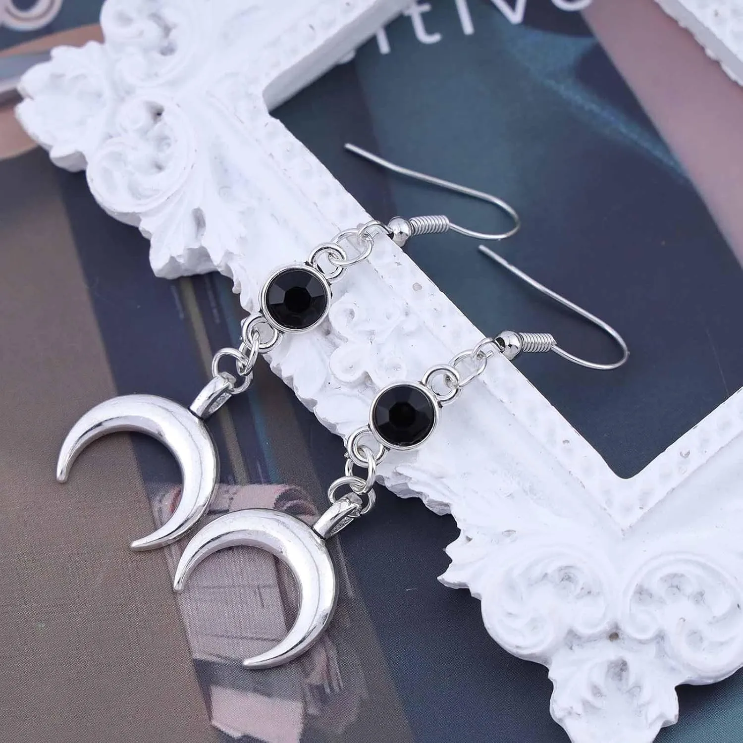 Boho Star Moon Dangle Earrings - Silver Long Pentagram Moon Earrings with Round Onyx and Five Pointed Star Designs - Wicca Themed Jewelry for Women and Girls