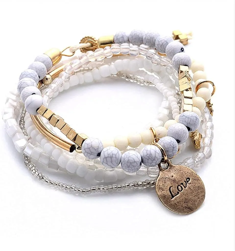 Caiyao Boho Stackable Bead Bracelets Bohemian Multilayer Stretch Bracelets Multicolor Love Pendant Bangles Bracelet Stretch Bangles Multilayer Stacking Bracelet Fashion Jewelry