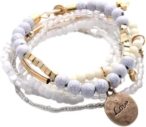 Caiyao Boho Stackable Bead Bracelets Bohemian Multilayer Stretch Bracelets Multicolor Love Pendant Bangles Bracelet Stretch Bangles Multilayer Stacking Bracelet Fashion Jewelry