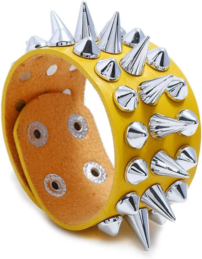 Caiyao Punk Gothic Tine Spike Rivet Bracelets Adjustable Studded Buckle Cuff Biker Leather Bangle Snap Button Wristband for Men Cool Personality Jewelry