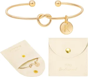 CEELGON Knot Bracelet Initial Bracelet & Microfiber Jewelry Bags Pouch - Bridesmaid Proposal Gifts for Wedding Day Bridal Party (Beige Gold K)
