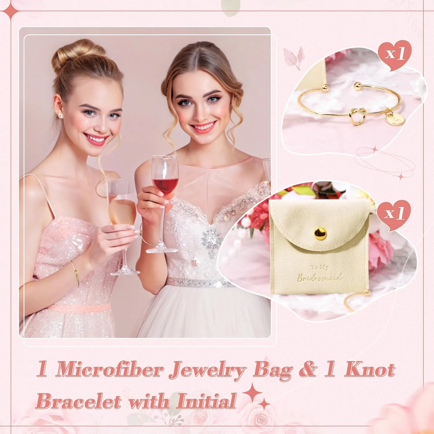CEELGON Knot Bracelet Initial Bracelet & Microfiber Jewelry Bags Pouch - Bridesmaid Proposal Gifts for Wedding Day Bridal Party (Beige Gold K)