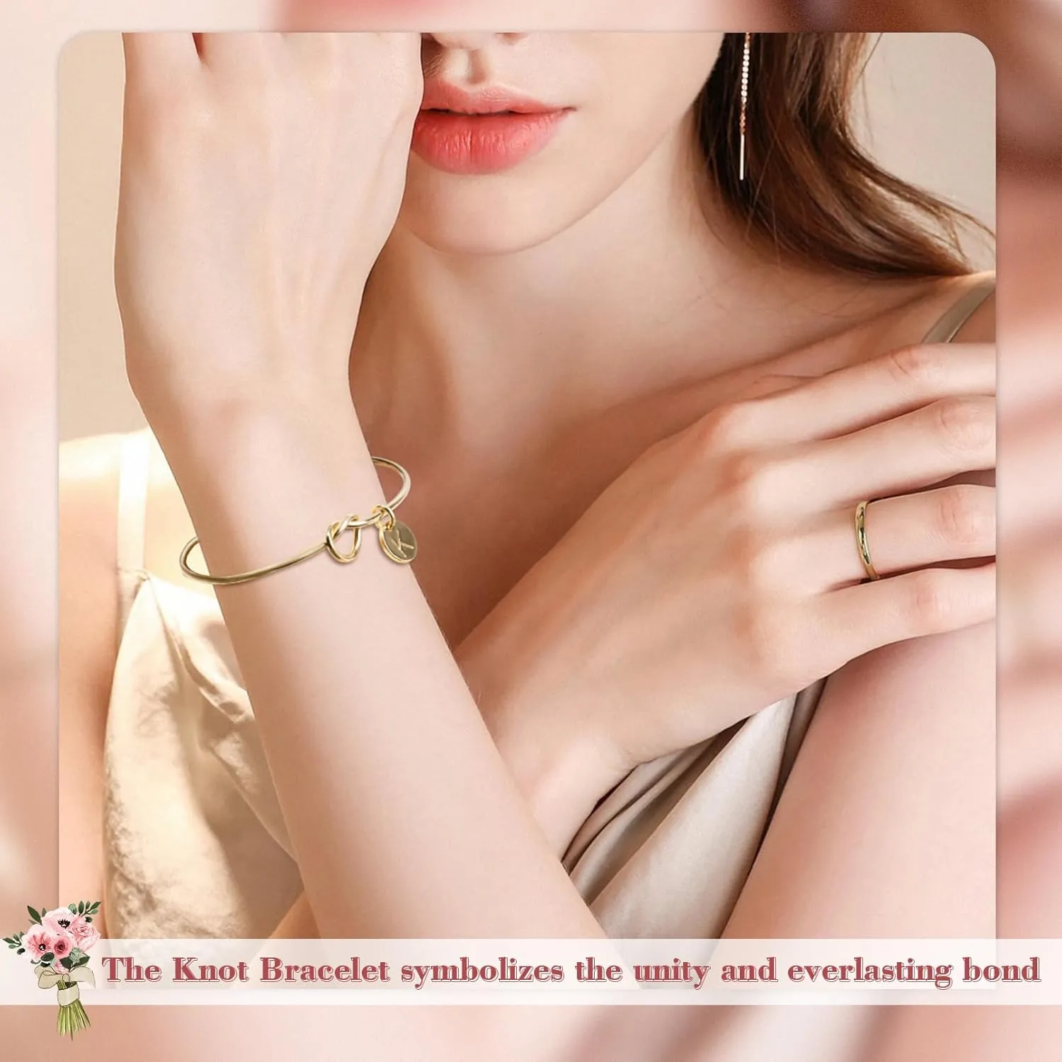 CEELGON Knot Bracelet Initial Bracelet & Microfiber Jewelry Bags Pouch - Bridesmaid Proposal Gifts for Wedding Day Bridal Party (Beige Gold K)