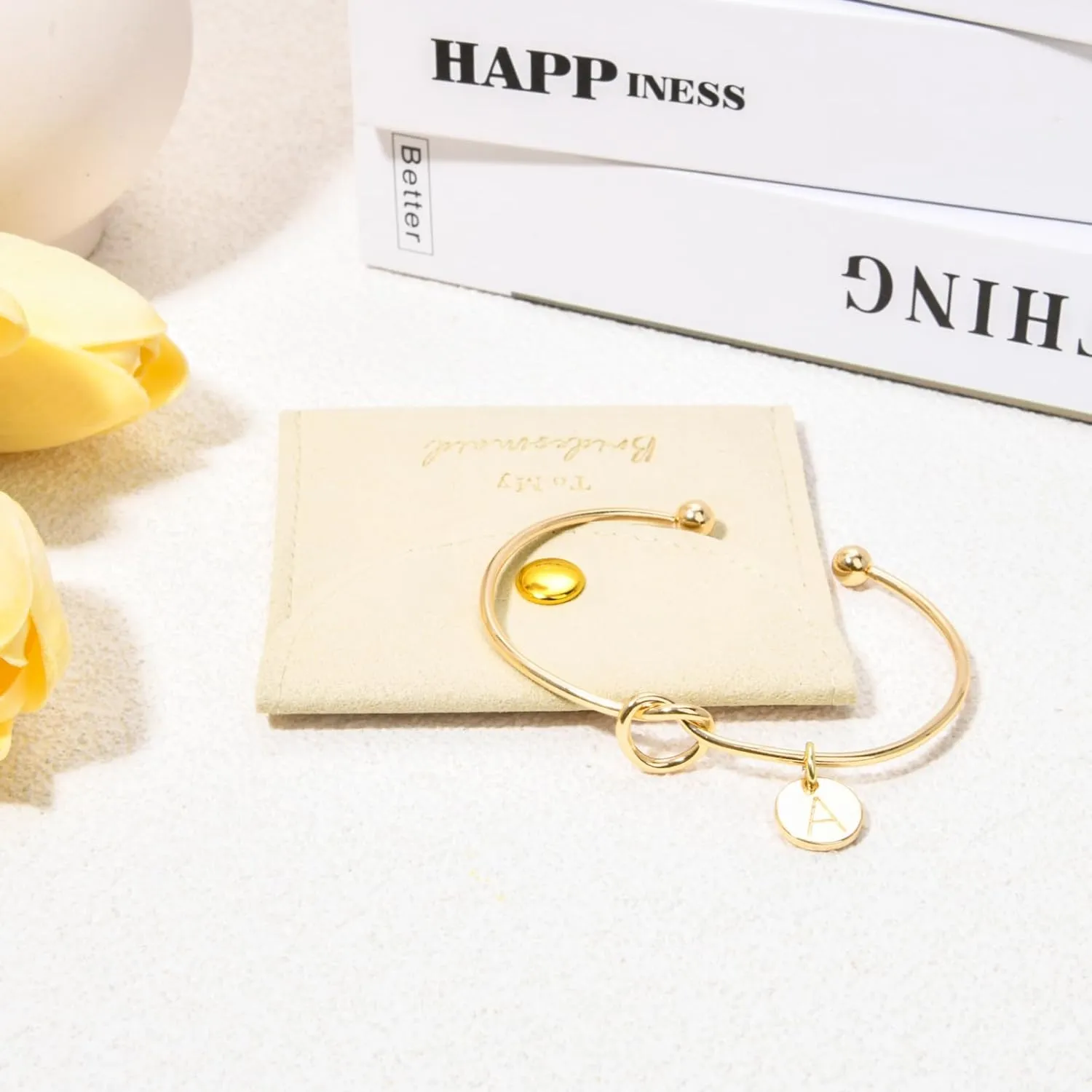 CEELGON Knot Bracelet Initial Bracelet & Microfiber Jewelry Bags Pouch - Bridesmaid Proposal Gifts for Wedding Day Bridal Party (Beige Gold K)