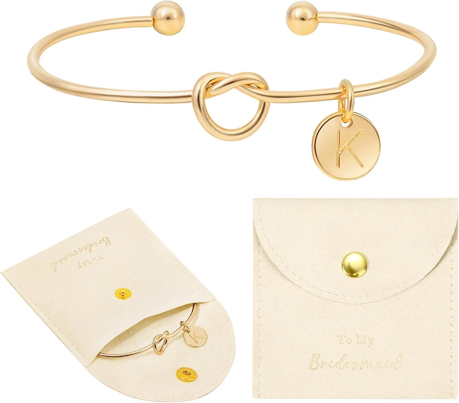 CEELGON Knot Bracelet Initial Bracelet & Microfiber Jewelry Bags Pouch - Bridesmaid Proposal Gifts for Wedding Day Bridal Party (Beige Gold K)