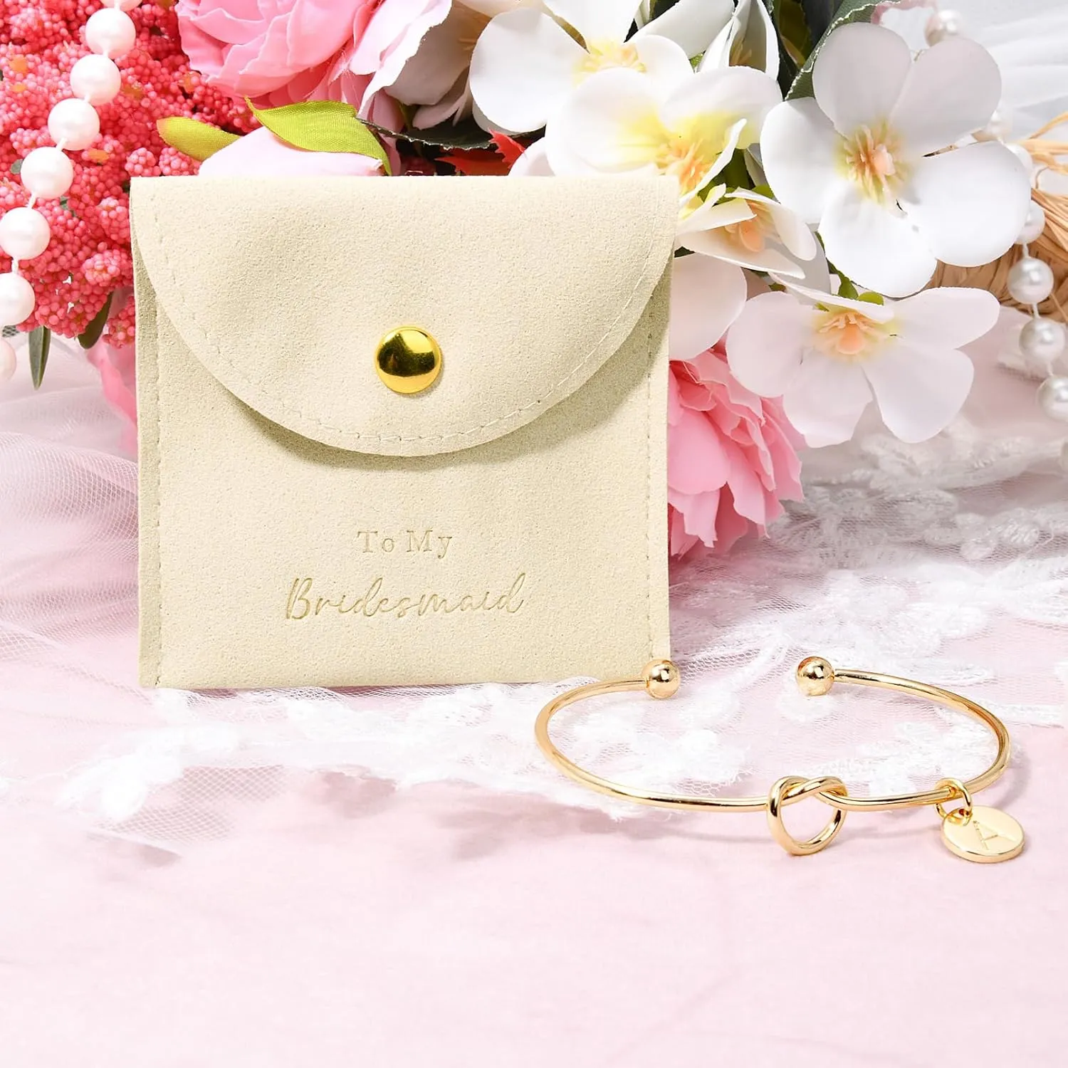 CEELGON Knot Bracelet Initial Bracelet & Microfiber Jewelry Bags Pouch - Bridesmaid Proposal Gifts for Wedding Day Bridal Party (Beige Gold K)