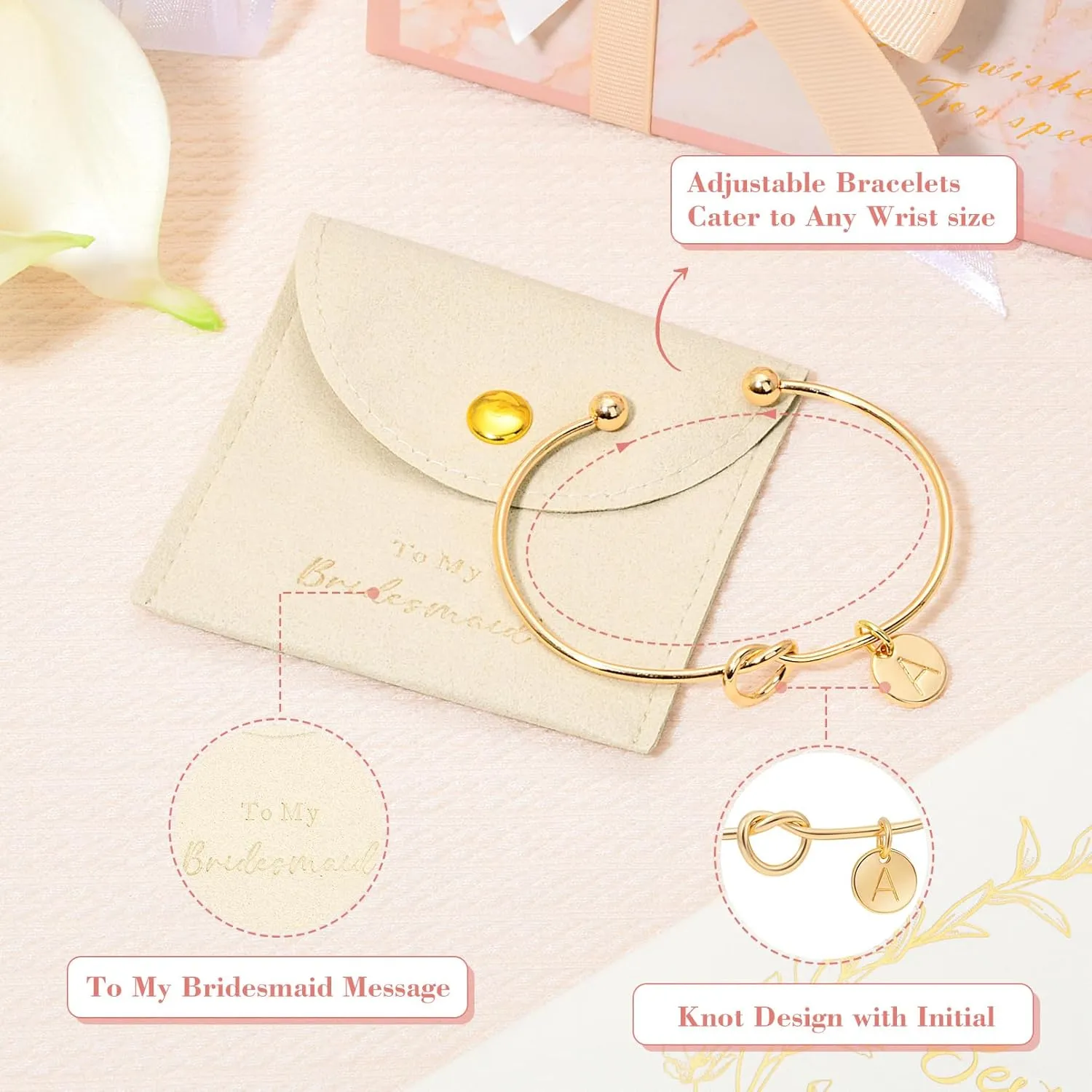 CEELGON Knot Bracelet Initial Bracelet & Microfiber Jewelry Bags Pouch - Bridesmaid Proposal Gifts for Wedding Day Bridal Party (Beige Gold K)