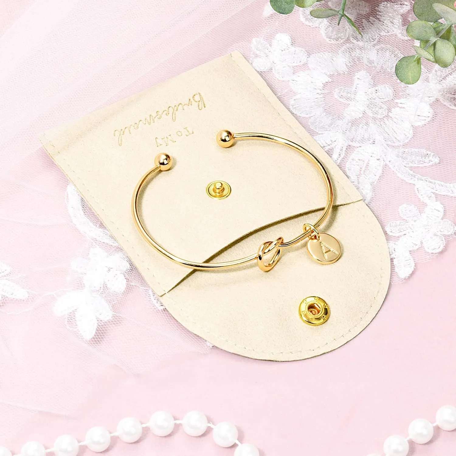 CEELGON Knot Bracelet Initial Bracelet & Microfiber Jewelry Bags Pouch - Bridesmaid Proposal Gifts for Wedding Day Bridal Party (Beige Gold K)