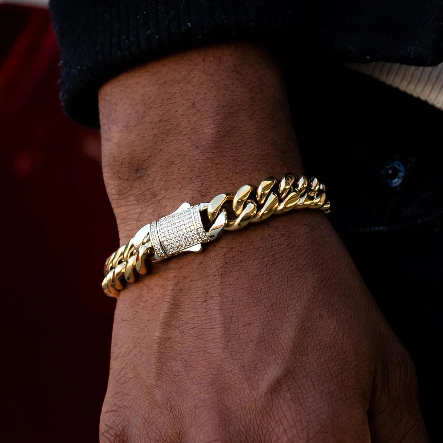 CG&KYGG 12mm Miami Cuban Link Bracelet 14K Real Gold Plated Stainless Steel Solid Bracelet for Mens Womens (Double-sided Iced Out Clasp)