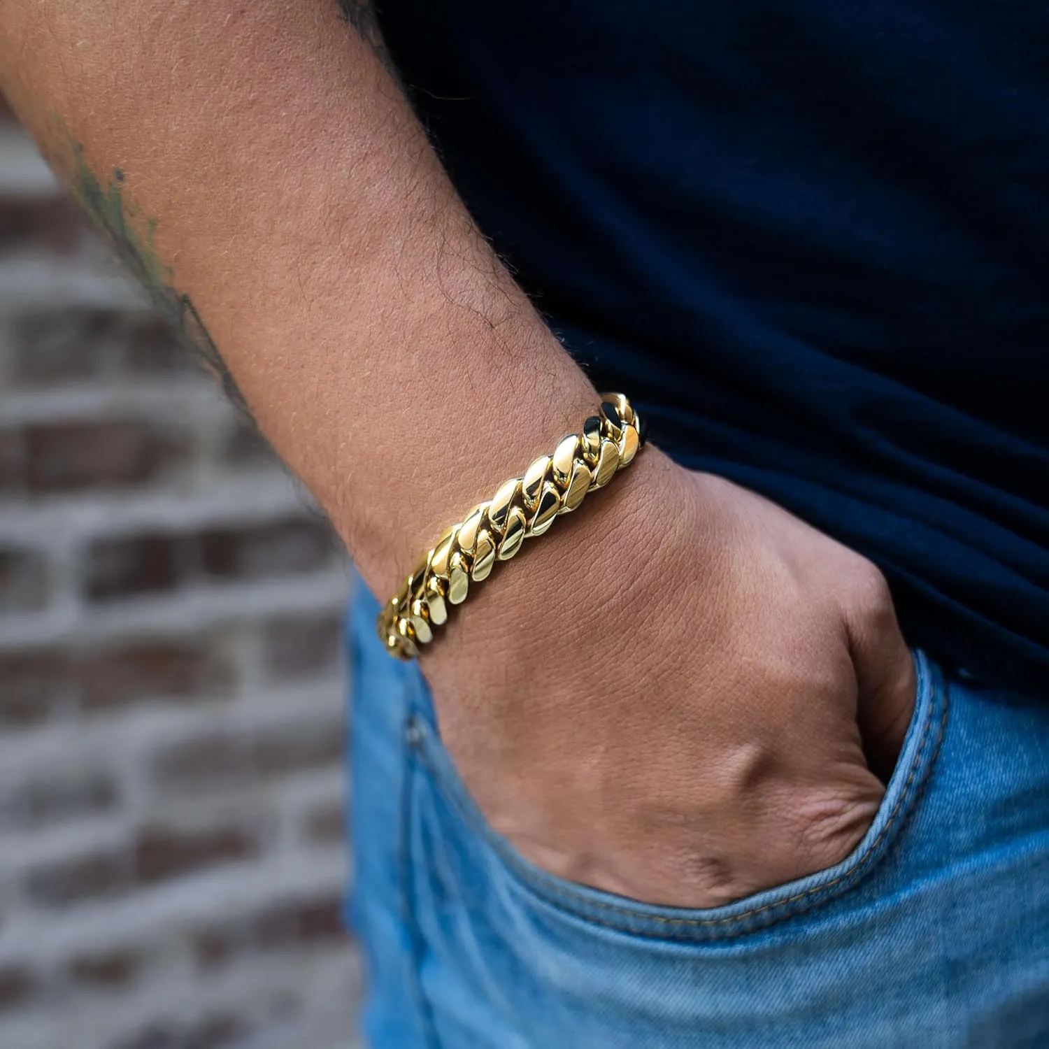 CG&KYGG 12mm Miami Cuban Link Bracelet 14K Real Gold Plated Stainless Steel Solid Bracelet for Mens Womens (Double-sided Iced Out Clasp)