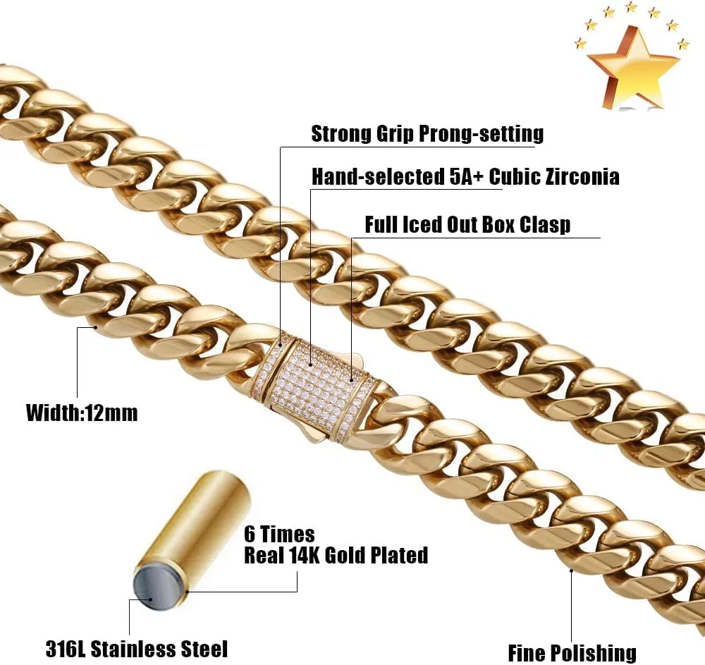 CG&KYGG 12mm Miami Cuban Link Bracelet 14K Real Gold Plated Stainless Steel Solid Bracelet for Mens Womens (Double-sided Iced Out Clasp)