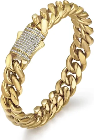 CG&KYGG 12mm Miami Cuban Link Bracelet 14K Real Gold Plated Stainless Steel Solid Bracelet for Mens Womens (Double-sided Iced Out Clasp)