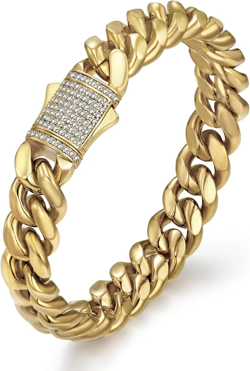 CG&KYGG 12mm Miami Cuban Link Bracelet 14K Real Gold Plated Stainless Steel Solid Bracelet for Mens Womens (Double-sided Iced Out Clasp)
