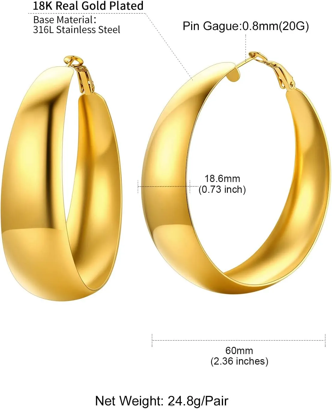 ChainsHouse Hypoallergenic Hoop Earrings For Women, 316L Stainless Steel/Black/18K Real Gold Plated, Minimalist Jewelry Round Tube Hoops Fits Sensitive Ears |30mm 40mm 60mm 80mm, with Gift Box