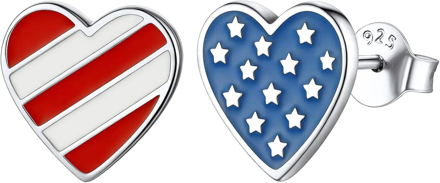 ChicSilver American Flag Earrings for Women Girls 925 Sterling Silver 4th of July Patriotic Earrings Hypoallergenic Star Heart Stud Independence Day Jewelry Gifts