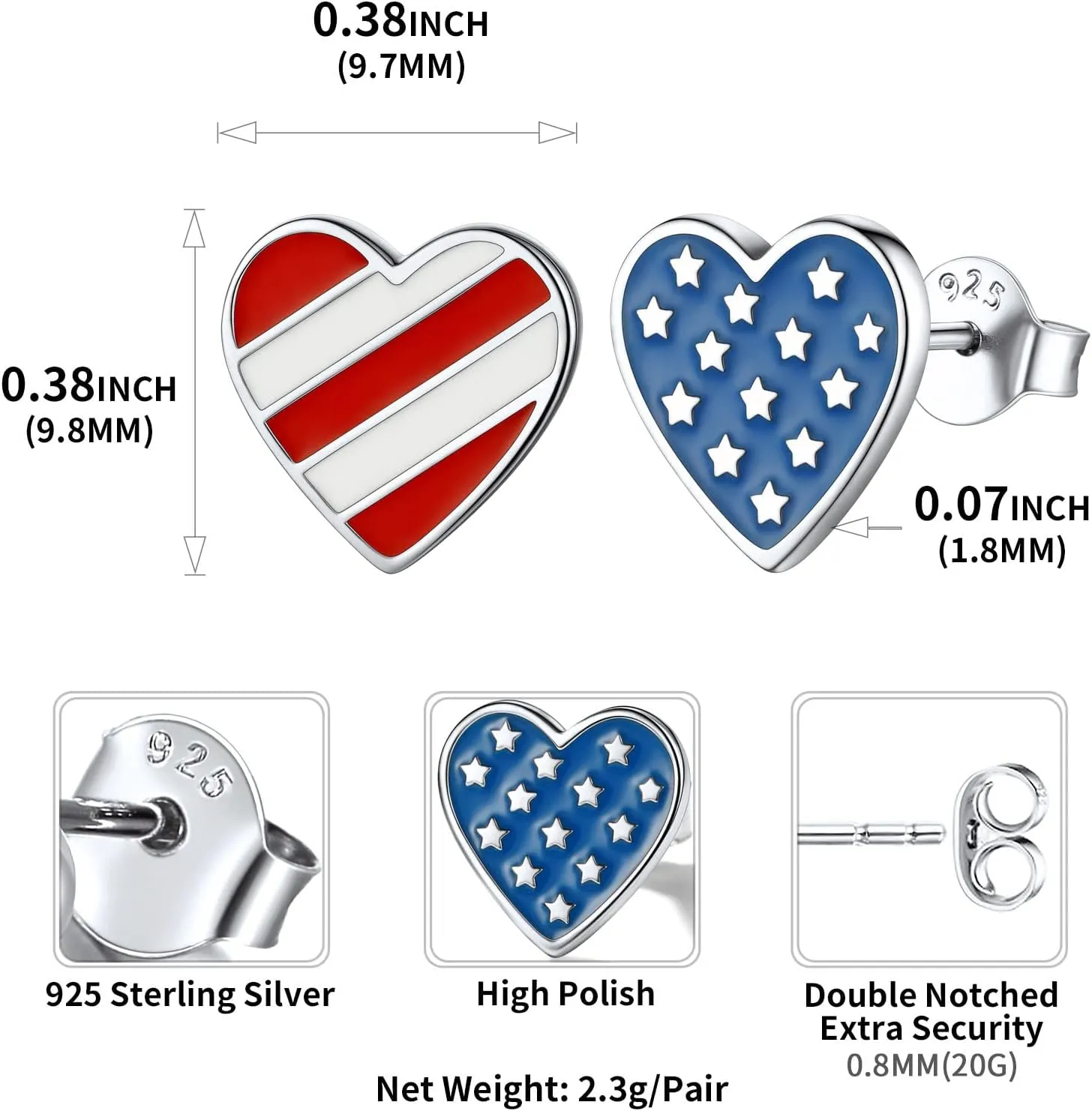ChicSilver American Flag Earrings for Women Girls 925 Sterling Silver 4th of July Patriotic Earrings Hypoallergenic Star Heart Stud Independence Day Jewelry Gifts