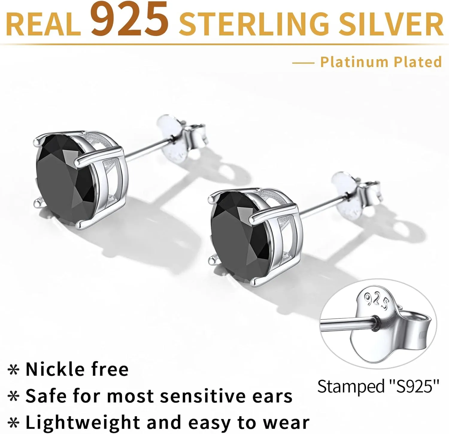 ChicSilver Hypoallergenic 925 Sterling Silver Round Cut Cubic Zirconia CZ Earrings Studs for Women Men, 5MM/7MM/9MM (with Gift Box)