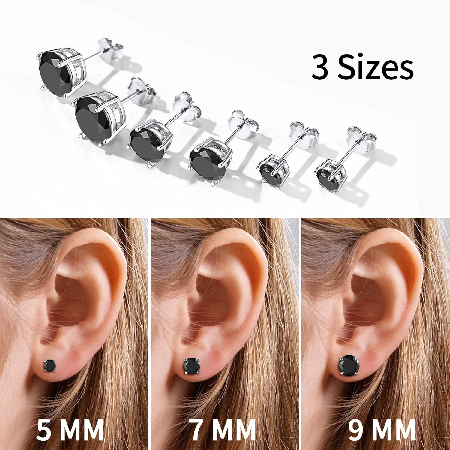 ChicSilver Hypoallergenic 925 Sterling Silver Round Cut Cubic Zirconia CZ Earrings Studs for Women Men, 5MM/7MM/9MM (with Gift Box)