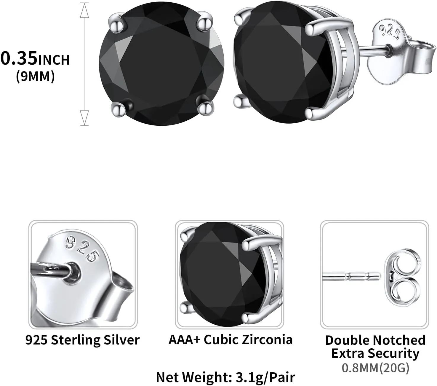 ChicSilver Hypoallergenic 925 Sterling Silver Round Cut Cubic Zirconia CZ Earrings Studs for Women Men, 5MM/7MM/9MM (with Gift Box)