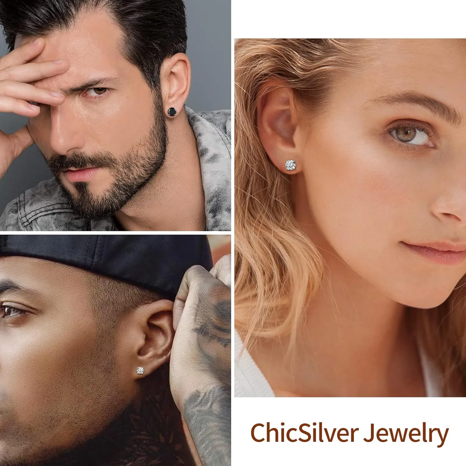 ChicSilver Hypoallergenic 925 Sterling Silver Round Cut Cubic Zirconia CZ Earrings Studs for Women Men, 5MM/7MM/9MM (with Gift Box)
