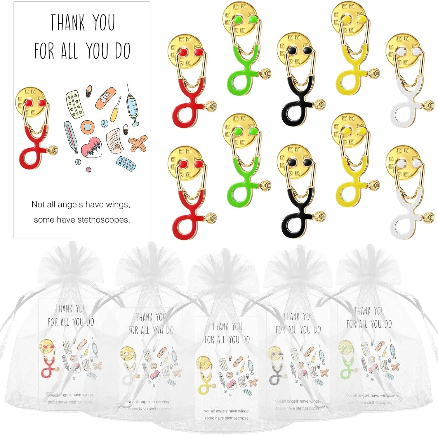 Cholemy 15 Set Nurse Pins 2025 CNA Week Nurse Gifts Stethoscope Brooch Pins Inspirational Enamel Lapel Button Bulk Appreciation Gift Set Thank You Cards for Medical Students Doctor Graduation Women