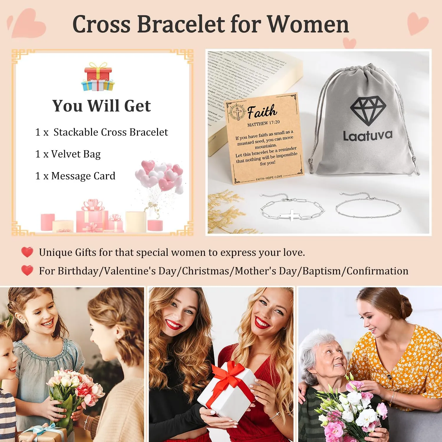 Christian Easter Gifts for Women, Easter Basket Stuffers Religious Cross Bracelet Jewelry for Women Faith, Inspirational Jesus Birthday Gifts for Friends/Mom/Grandma/Daughter/Sisters/Granddaughter