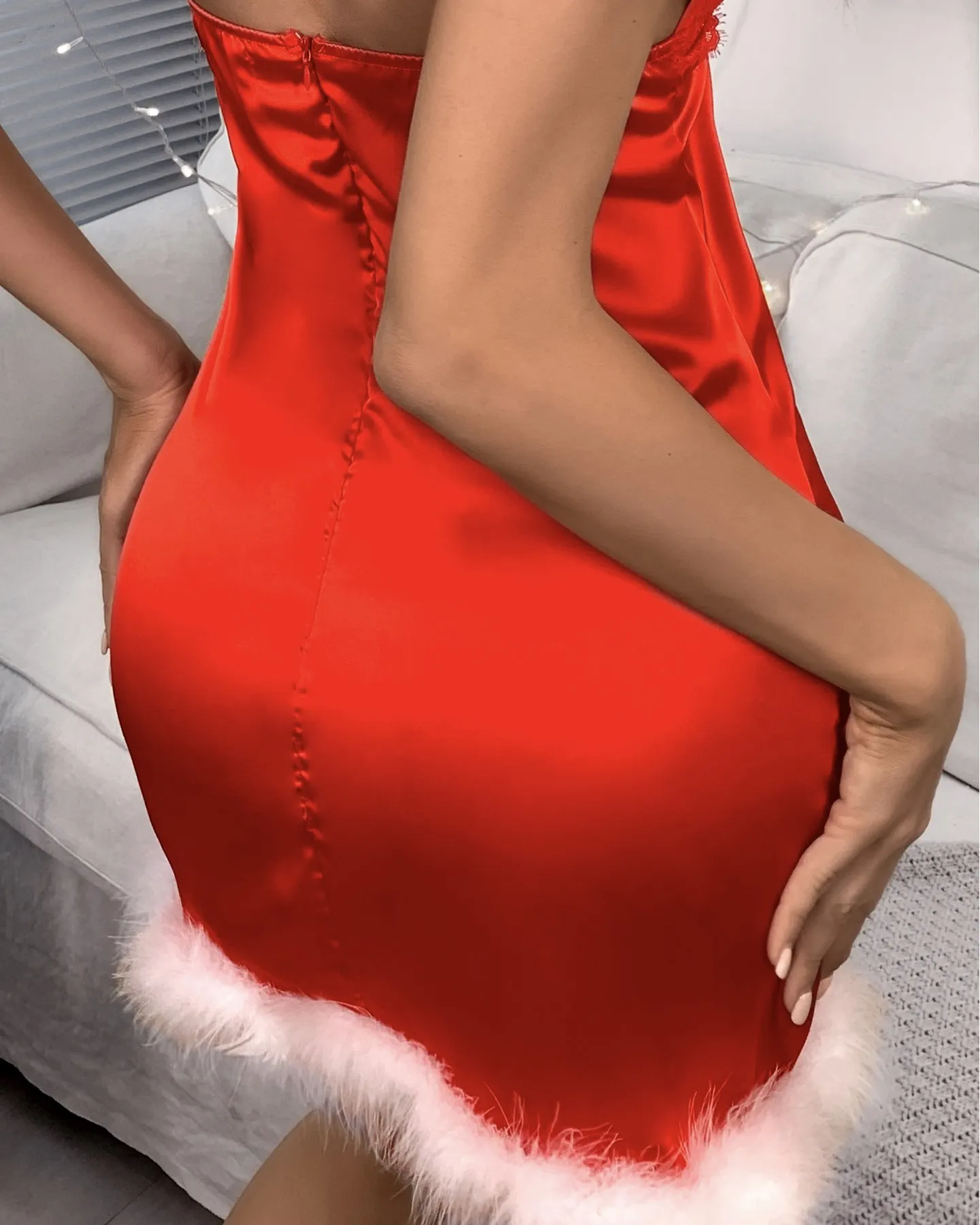 Christmas Feather Decor Satin Colorblock Babydoll