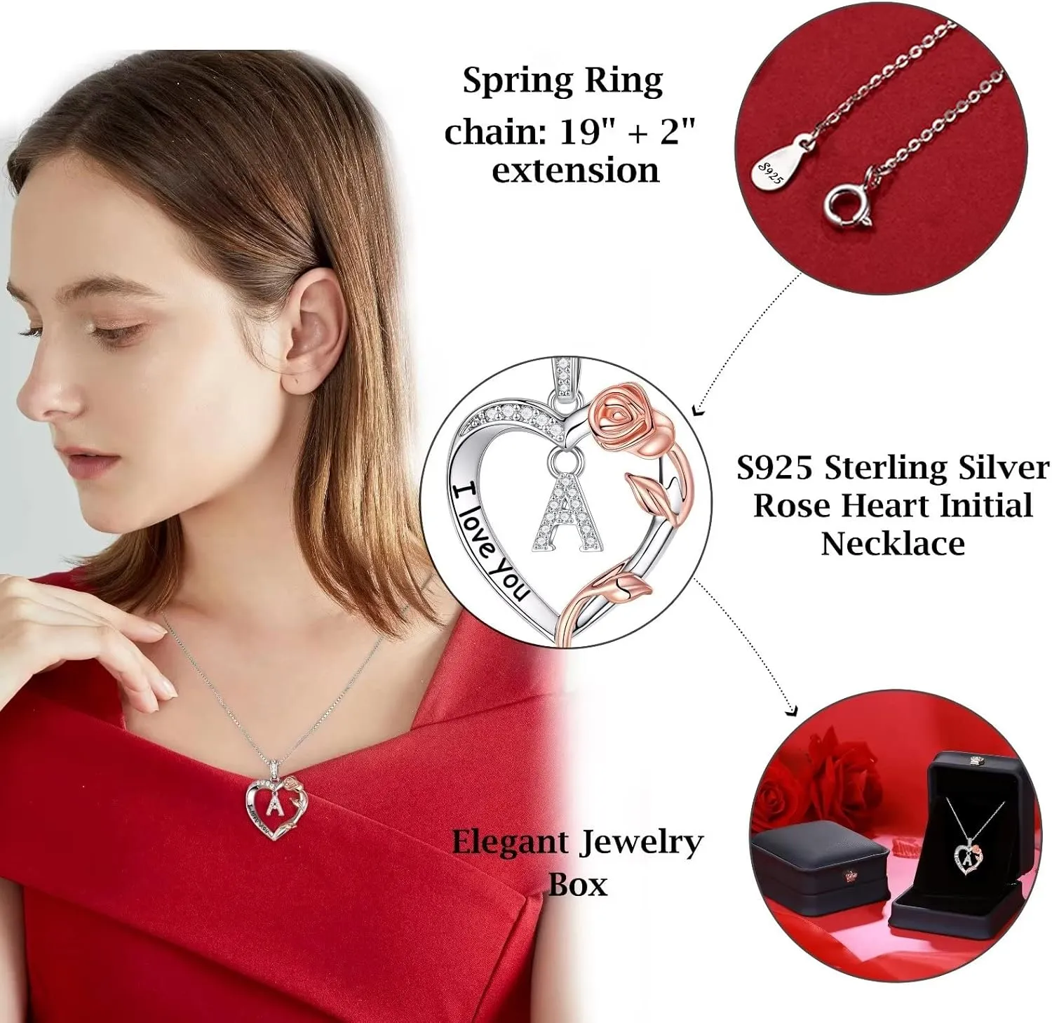 Christmas Jewelry for Women - S925 Sterling Silver Rose Heart Initial Necklace for Wife, Mom, Girlfriend