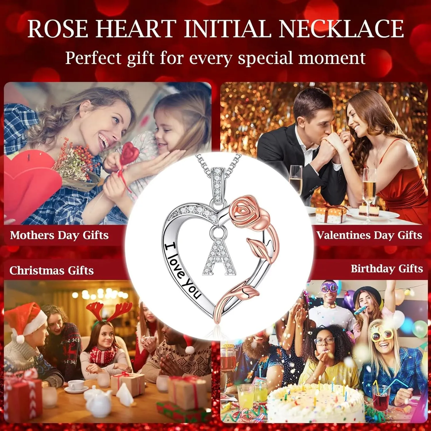 Christmas Jewelry for Women - S925 Sterling Silver Rose Heart Initial Necklace for Wife, Mom, Girlfriend