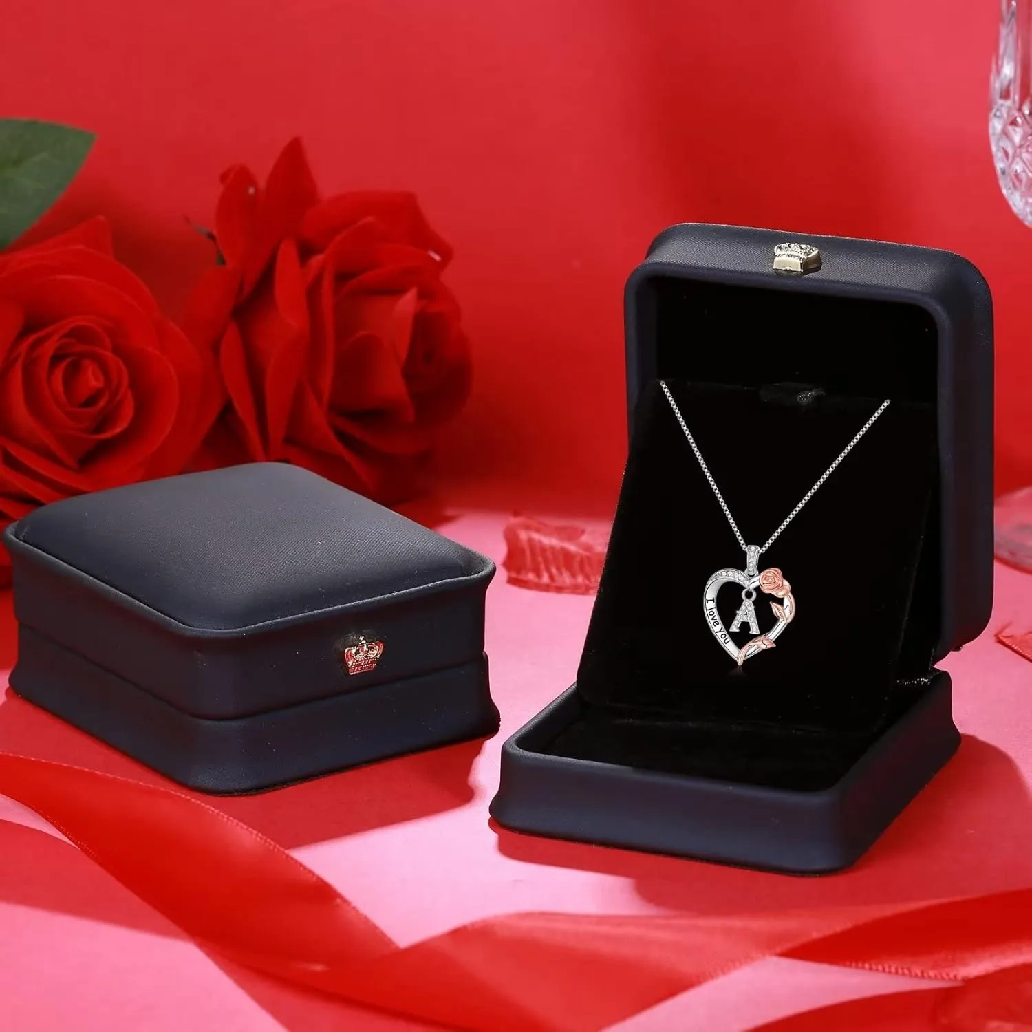 Christmas Jewelry for Women - S925 Sterling Silver Rose Heart Initial Necklace for Wife, Mom, Girlfriend