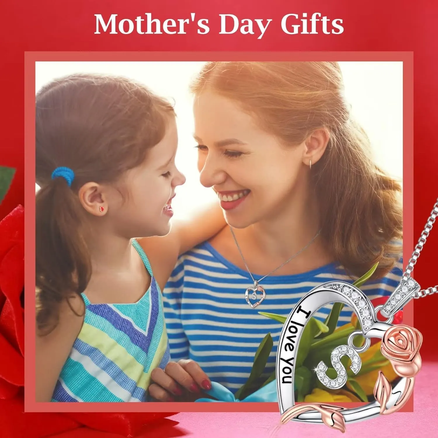 Christmas Jewelry for Women - S925 Sterling Silver Rose Heart Initial Necklace for Wife, Mom, Girlfriend