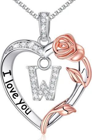 Christmas Jewelry for Women - S925 Sterling Silver Rose Heart Initial Necklace for Wife, Mom, Girlfriend